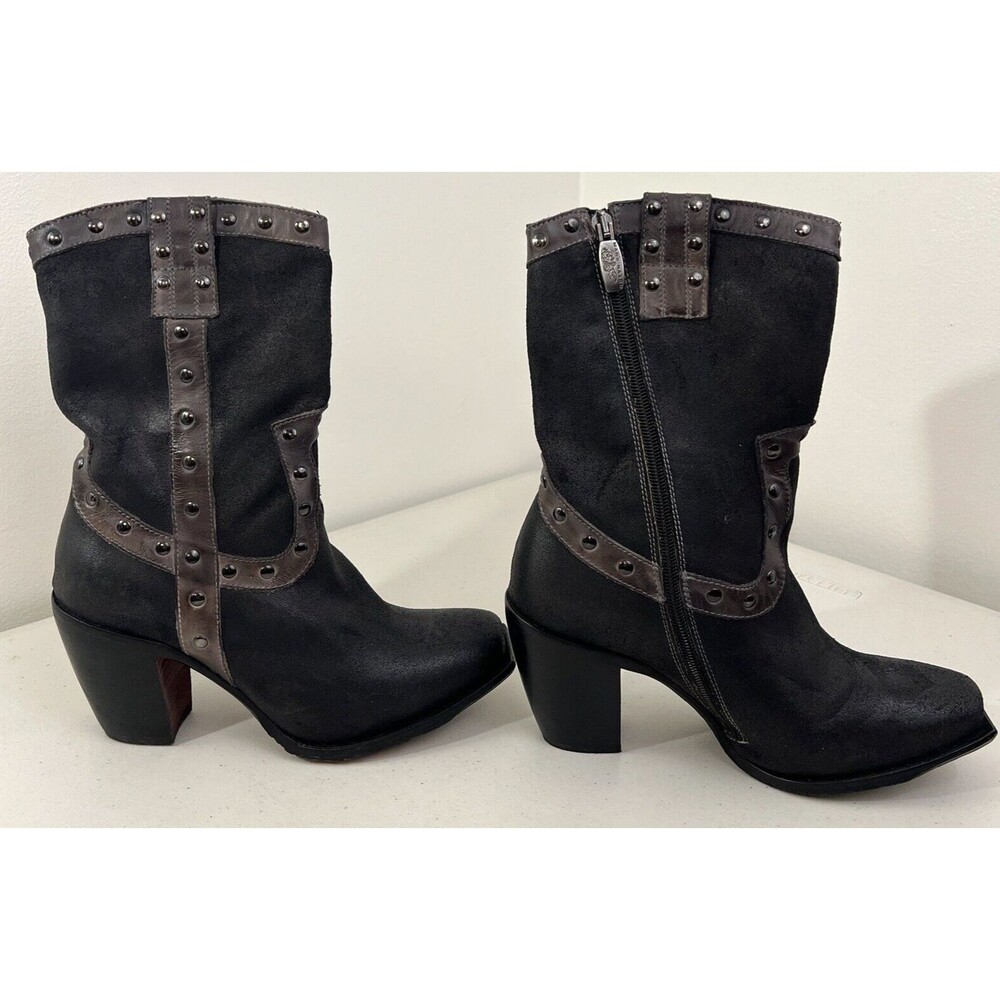 Mark Nason Women’s Black 7 Narrow Rivet Western-Style Boots Chunky Heel, Zip Up